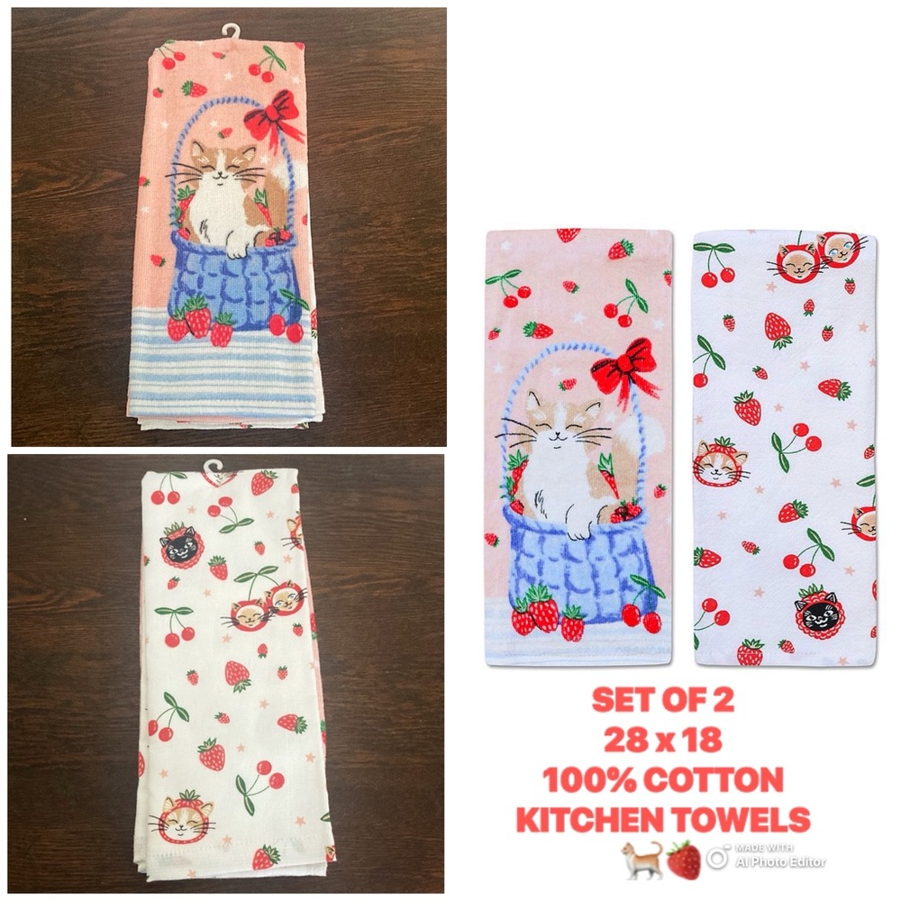 NWT- Set of 2- Patriotic Berry Cat 🐈 🍓🍒 Terry Kitchen Towels 26x15 - 100% Cotton